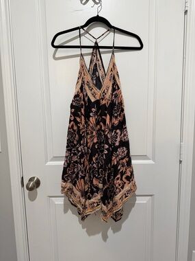 Free People Black and Peach Floral Swing Slip Dress